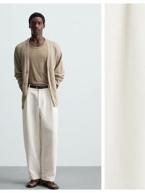 NWT. Zara Man Ecru Linen Blend Relaxed Fit Pleated Trousers. Size 34.